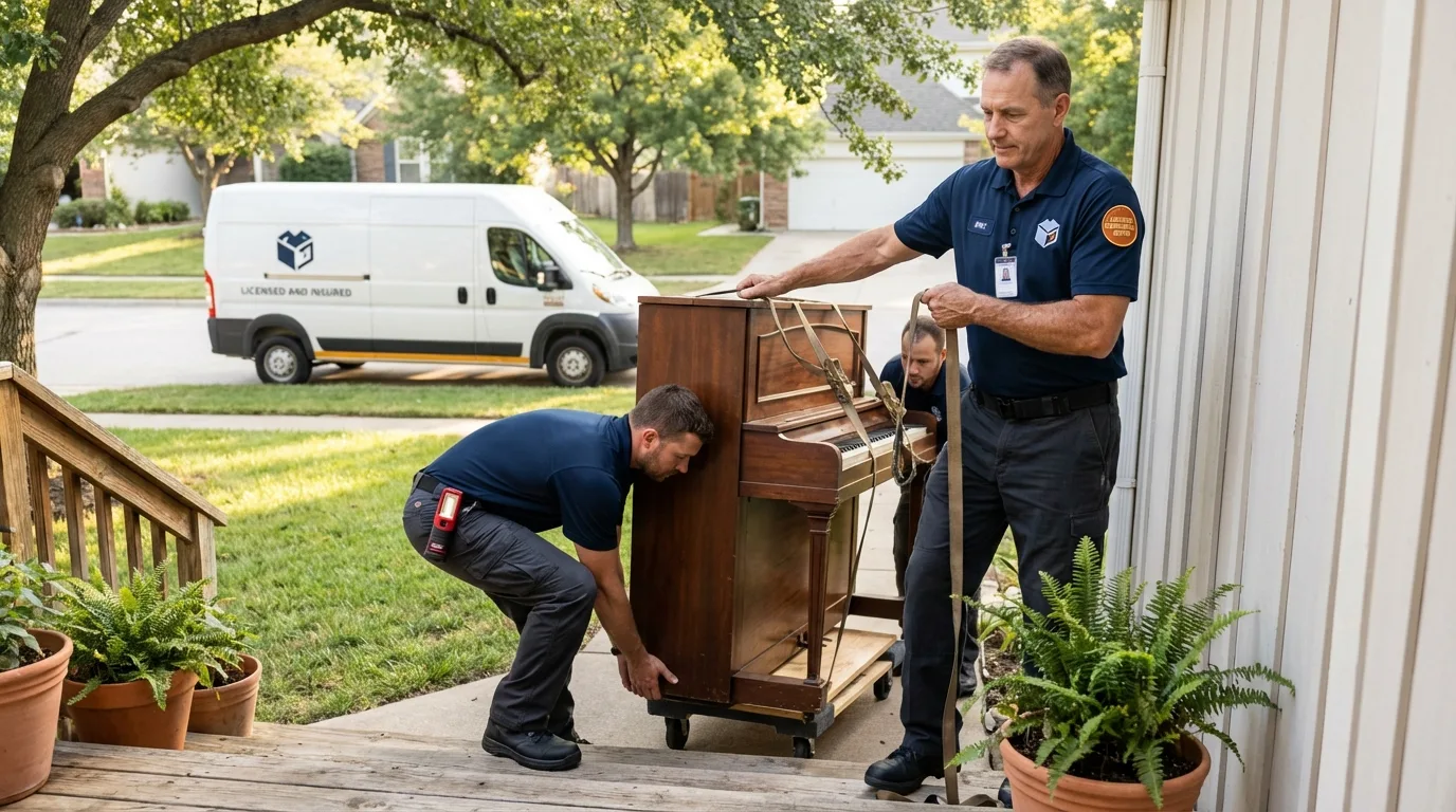 Licensed piano movers securing grand piano in Hamden, CT