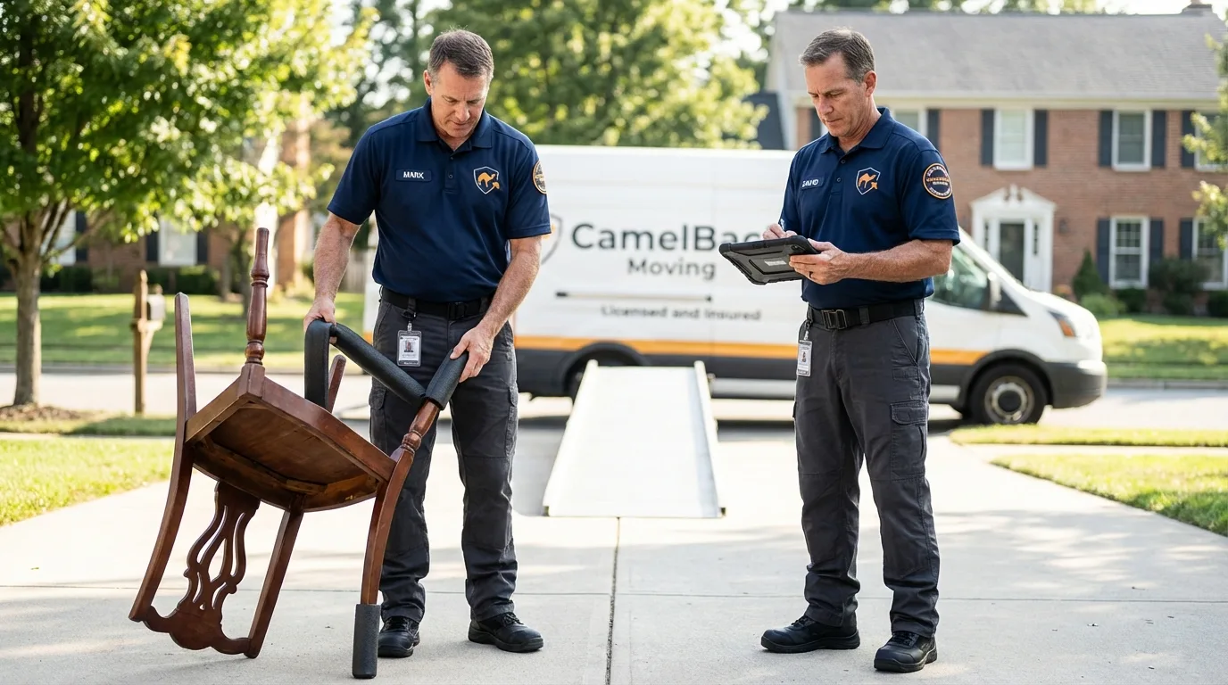 Movers inspecting furniture for damage prevention before loading in Hamden, CT
